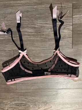 Agent Provocateur Black Sheer Mesh Bralette with Pink Trim